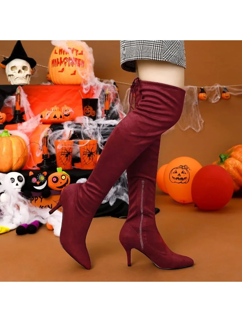 Women's Burgundy Round Toe Chunky Heel Lace Up Synthetic Over The Knee High Boot